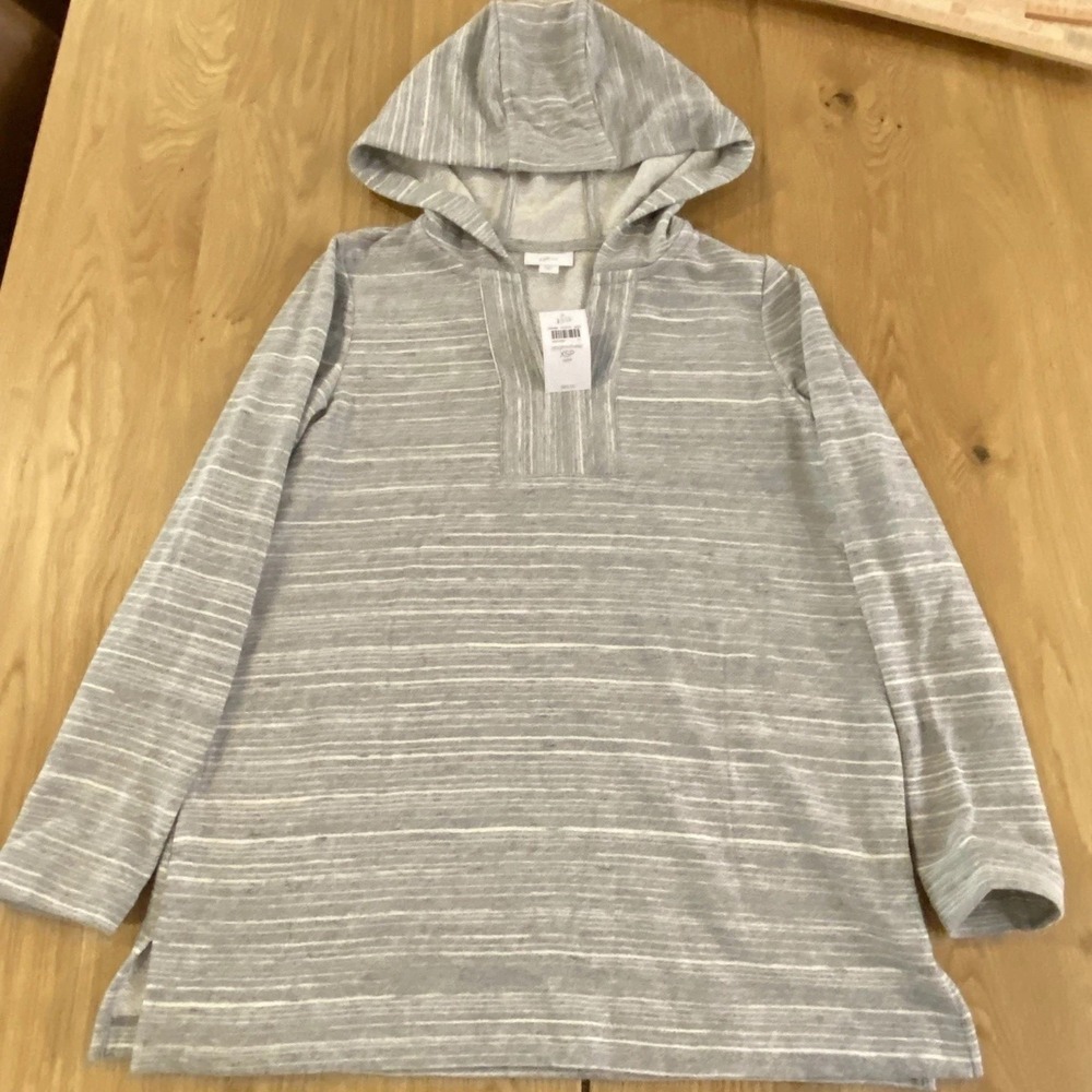 J. JILL FIT FEATHERED STRIPES  HOODED TUNIC-XS-GREY HTHR/MULTI-New